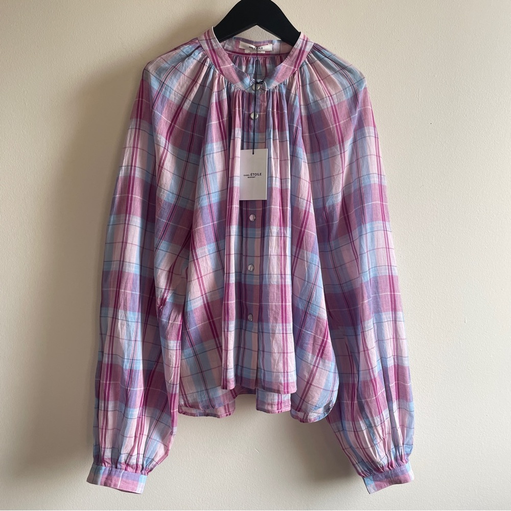 NWT Isabel Marant plaid lightweight cotton top boxy puff sleeves